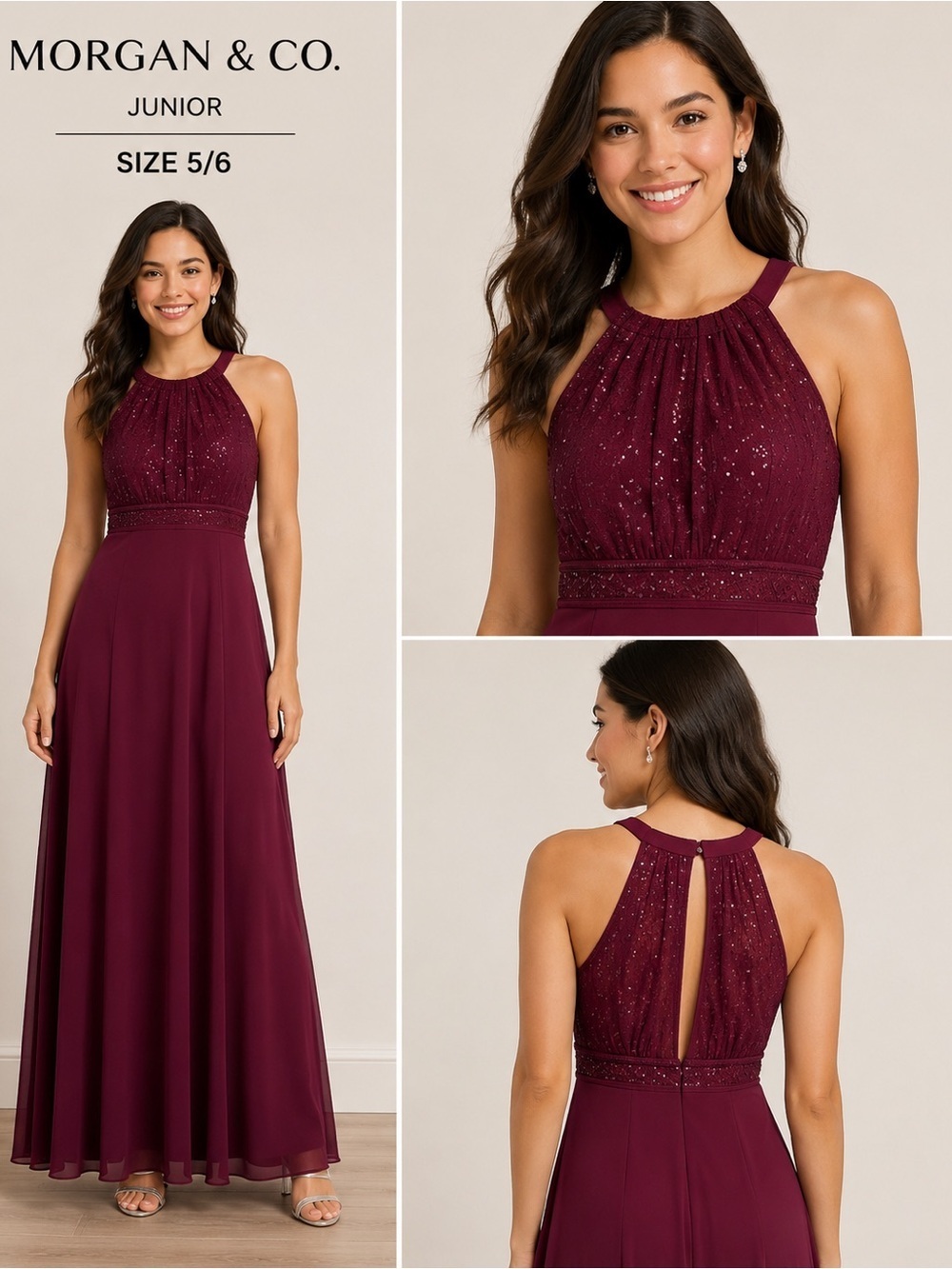 Morgan & Co Junior Burgundy Formal Dress Size Juniors 5/6 Prom Evening Gown